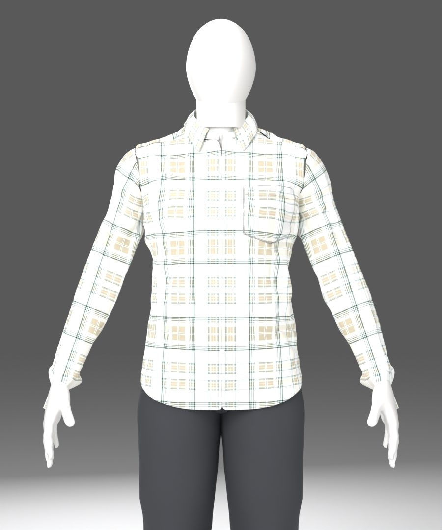 Nia's 3D sample of a checked men's shirt with a chest pocket, draped from her own pattern